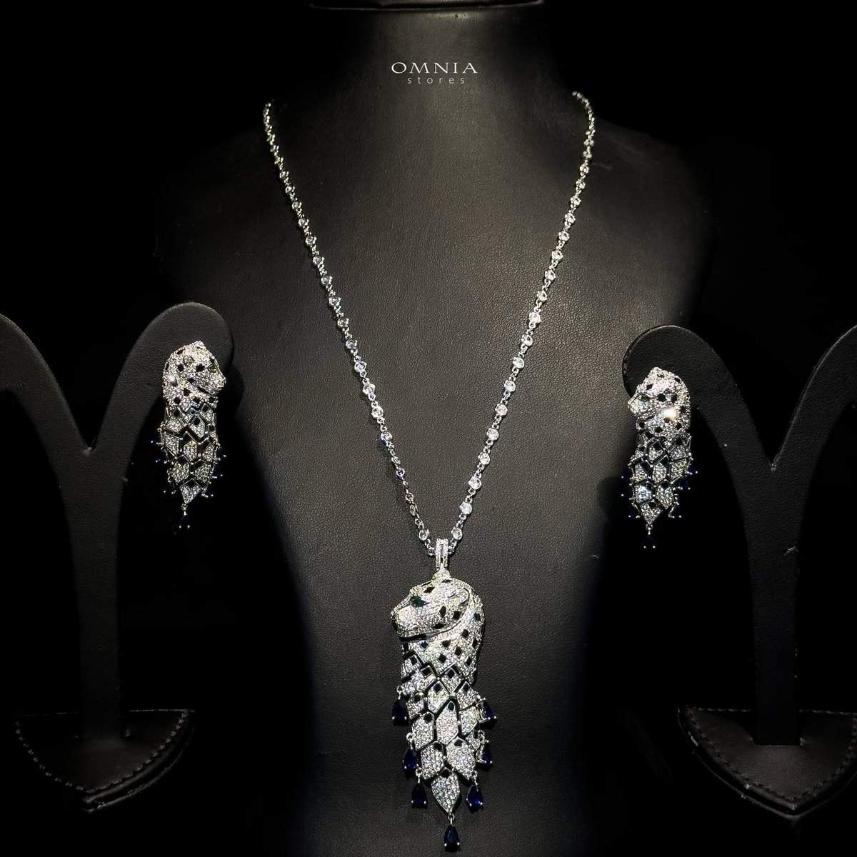 Omnia Leopard Blue Set Long Chain 92.5 Pure Silver High Quality Simulated diamonds - OMNIASTORES UAE