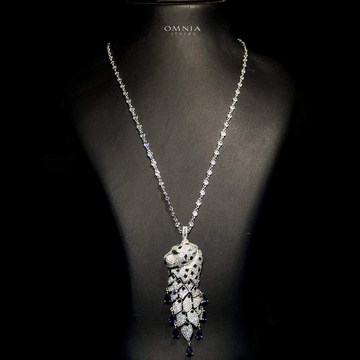 Omnia Leopard Blue Set Long Chain 92.5 Pure Silver High Quality Simulated diamonds - OMNIASTORES UAE