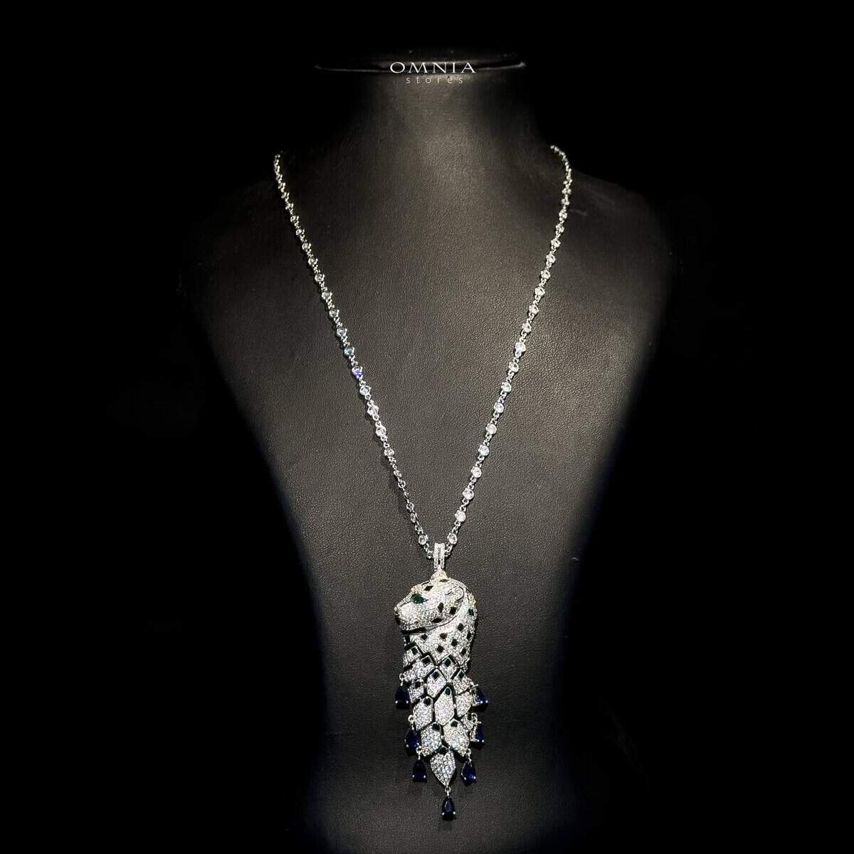 Omnia Leopard Blue Set Long Chain 92.5 Pure Silver High Quality Simulated diamonds - OMNIASTORES UAE