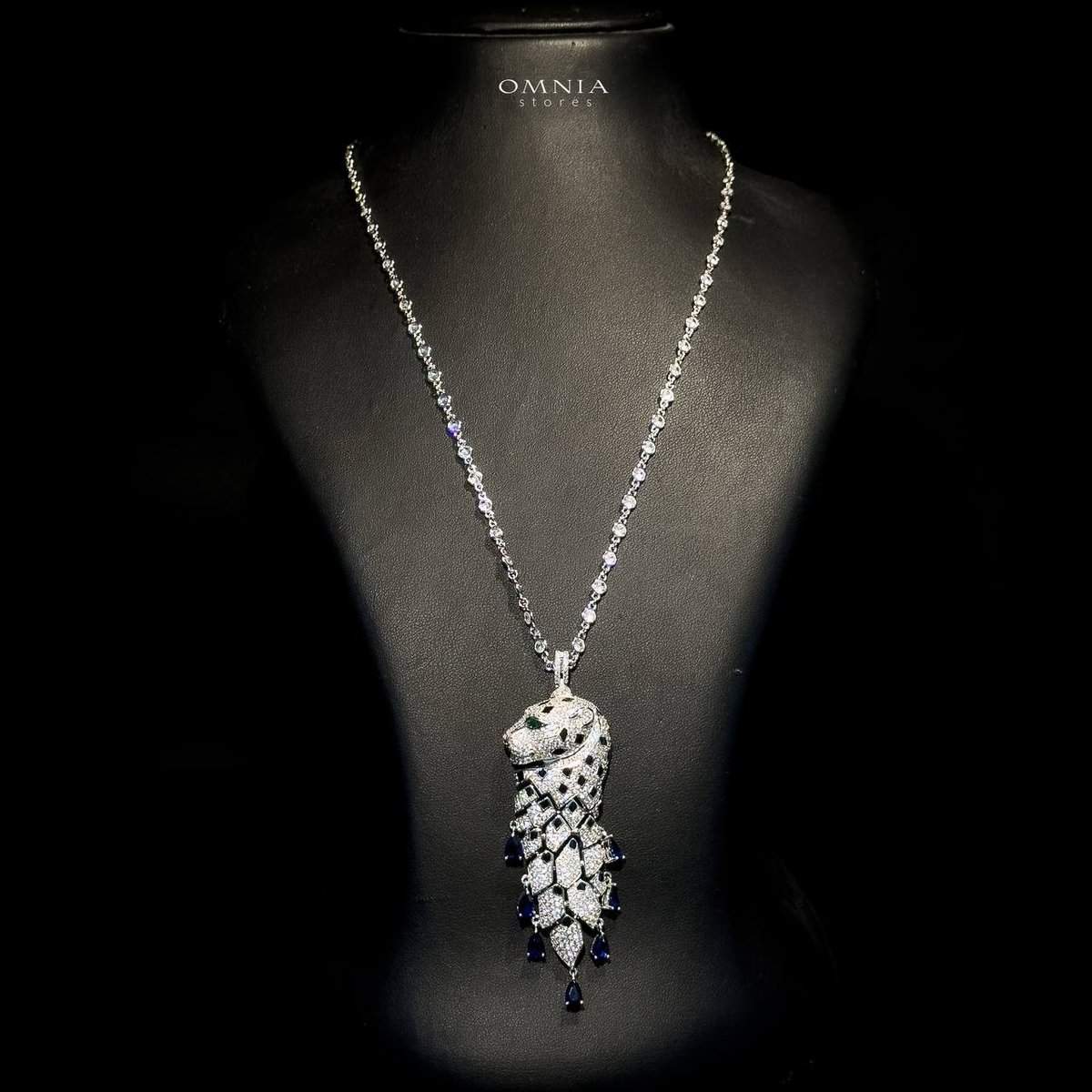 Omnia Leopard Blue Set Long Chain 92.5 Pure Silver High Quality Simulated diamonds - OMNIASTORES UAE