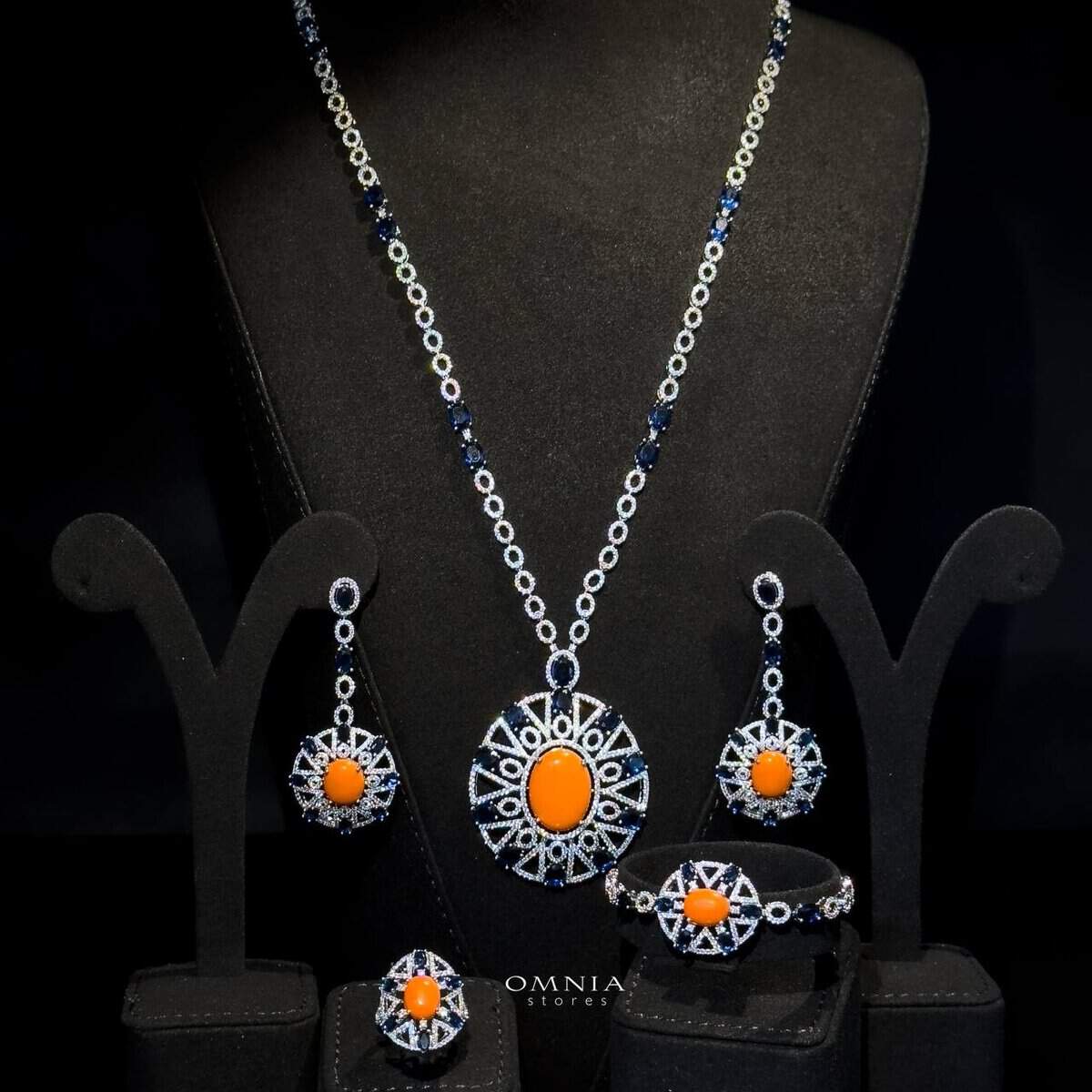 Omnia Ayala Orange & Blue Bridal Long Chain Full Set Accessories High Quality Zircon Stone In Rhodium Plated - OMNIASTORES UAE