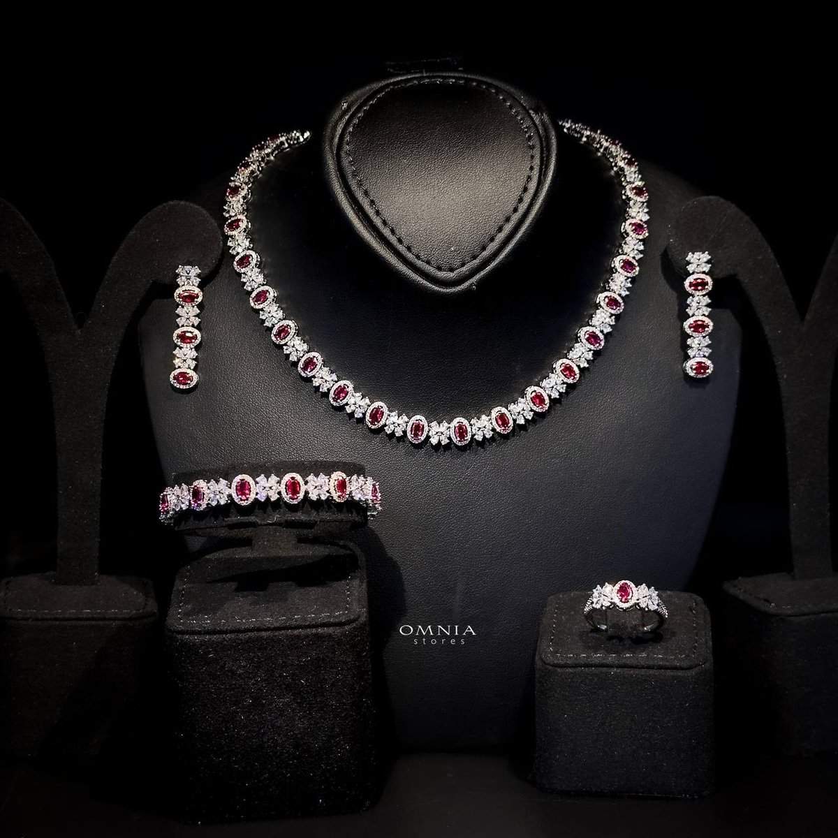 Omnia Mira Maroon Bridal Full Set in High Quality Zircon Stone Rhodium Plated - OMNIASTORES UAE