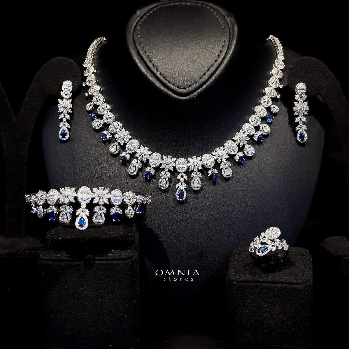 Omnia Trisha Blue Bridal Full Set Accessories in High Quality Zircon Stone Rhodium Plated - OMNIASTORES UAE