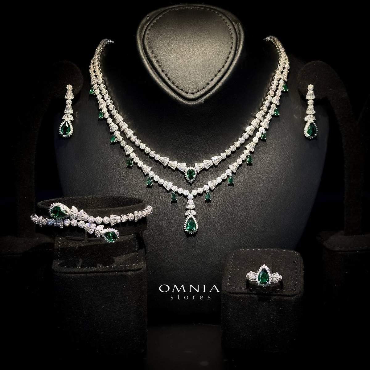 Omnia Ghada Green Bridal Full Set Accessories in High Quality Zircon Stone Rhodium Plated - OMNIASTORES UAE