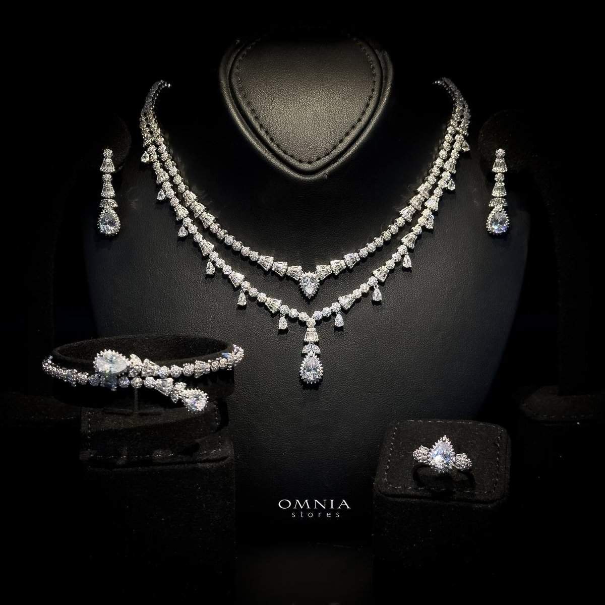 Omnia Ghada White Bridal Full Set Accessories in High Quality Zircon Stone Rhodium Plated - OMNIASTORES UAE