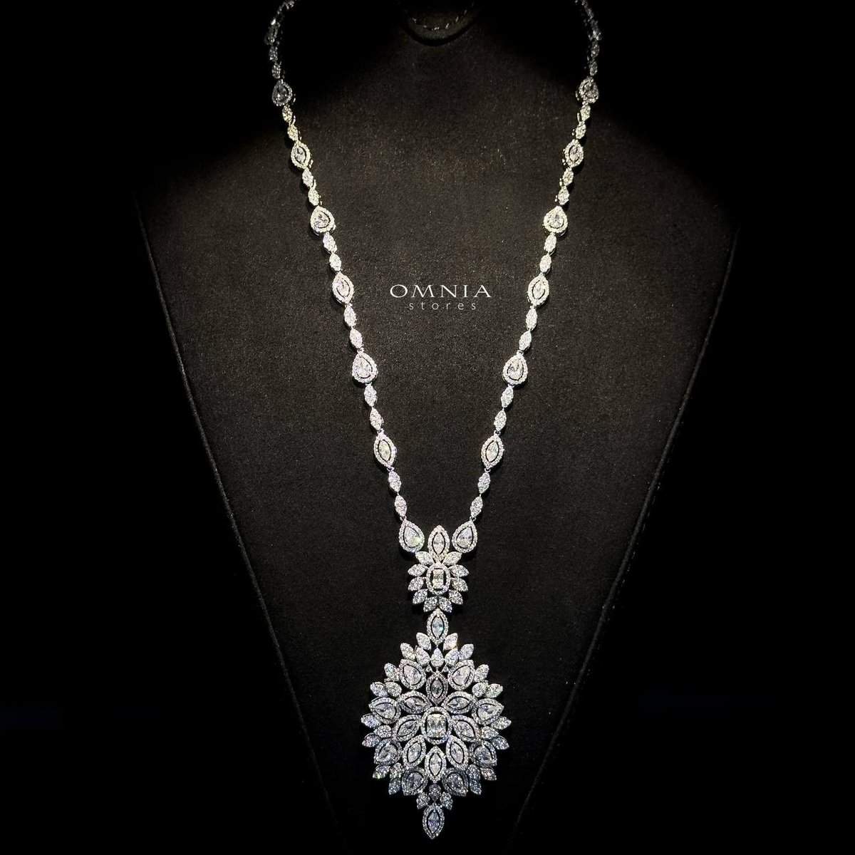 Omnia Abeer Bridal Long chain Set High Quality Zircon Stone In Rhodium Plated - OMNIASTORES UAE