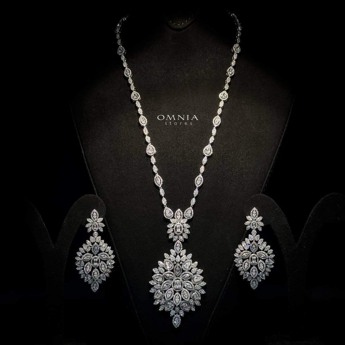 Omnia Abeer Bridal Long chain Set High Quality Zircon Stone In Rhodium Plated - OMNIASTORES UAE