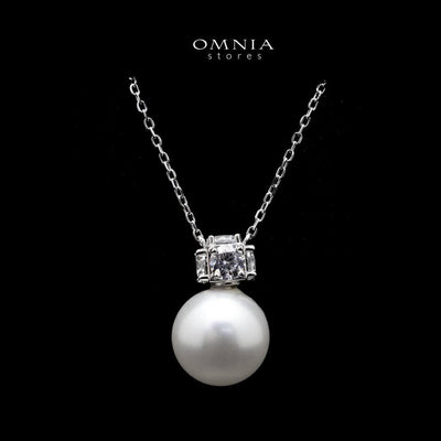 Omnia Belle White Pearl Necklace In 92.5 Silver High Quality Simulated Diamonds