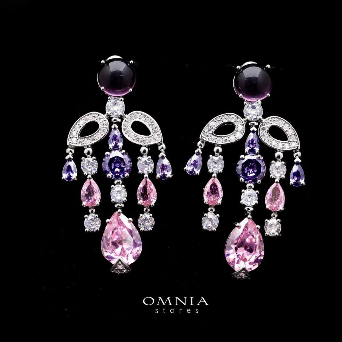 Omnia Mohra Chandelier Pink Earrings with Multicolor Zircon Drops in High Quality Zircon Stone Rhodium Plated - OMNIASTORES UAE