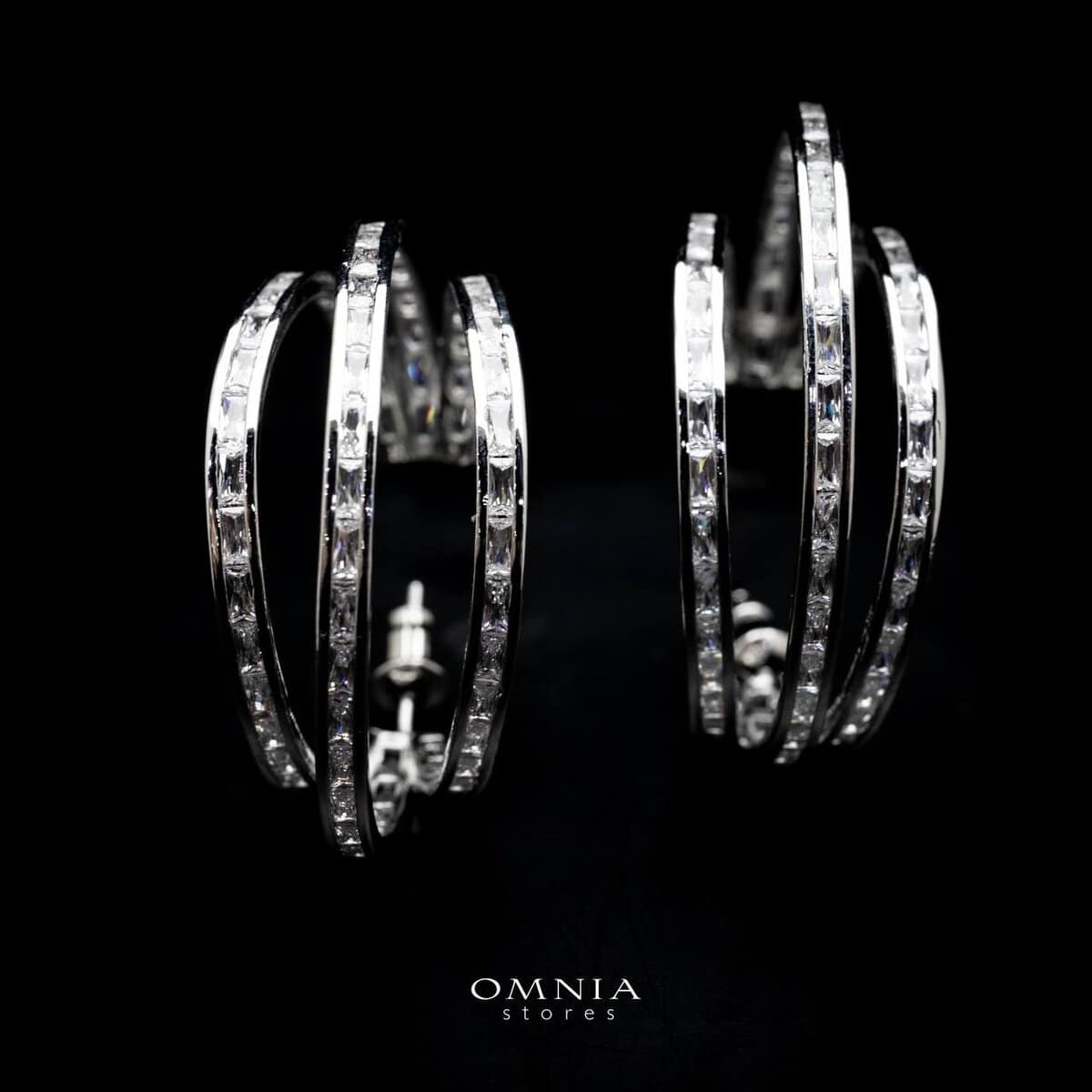 Omnia Sarah Radiant Triple Hoop Earrings in High Quality Zircon Stone Rhodium Plated - OMNIASTORES UAE