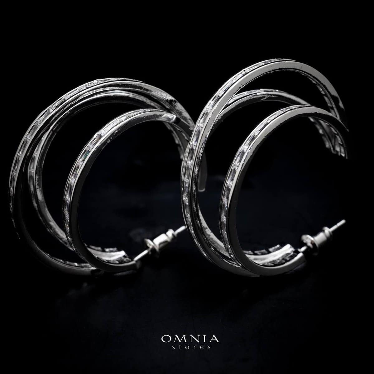 Omnia Sarah Radiant Triple Hoop Earrings in High Quality Zircon Stone Rhodium Plated - OMNIASTORES UAE