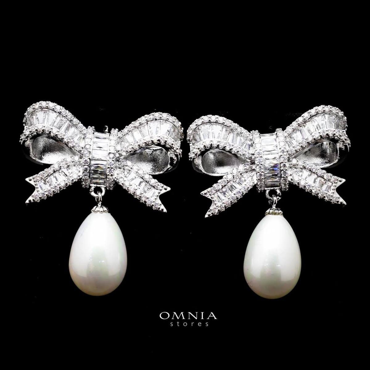 Omnia Imaan Ribbon Earrings in High Quality Zircon Stone Rhodium Plated - OMNIASTORES UAE