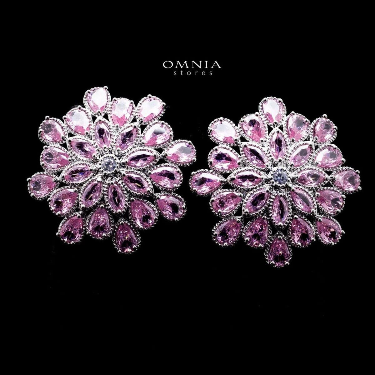 Omnia Elsa Pink Floral Earrings with Teardrop-Cut Zircon Stones in a Silver-Tone Rhodium Plated Finish - OMNIASTORES UAE