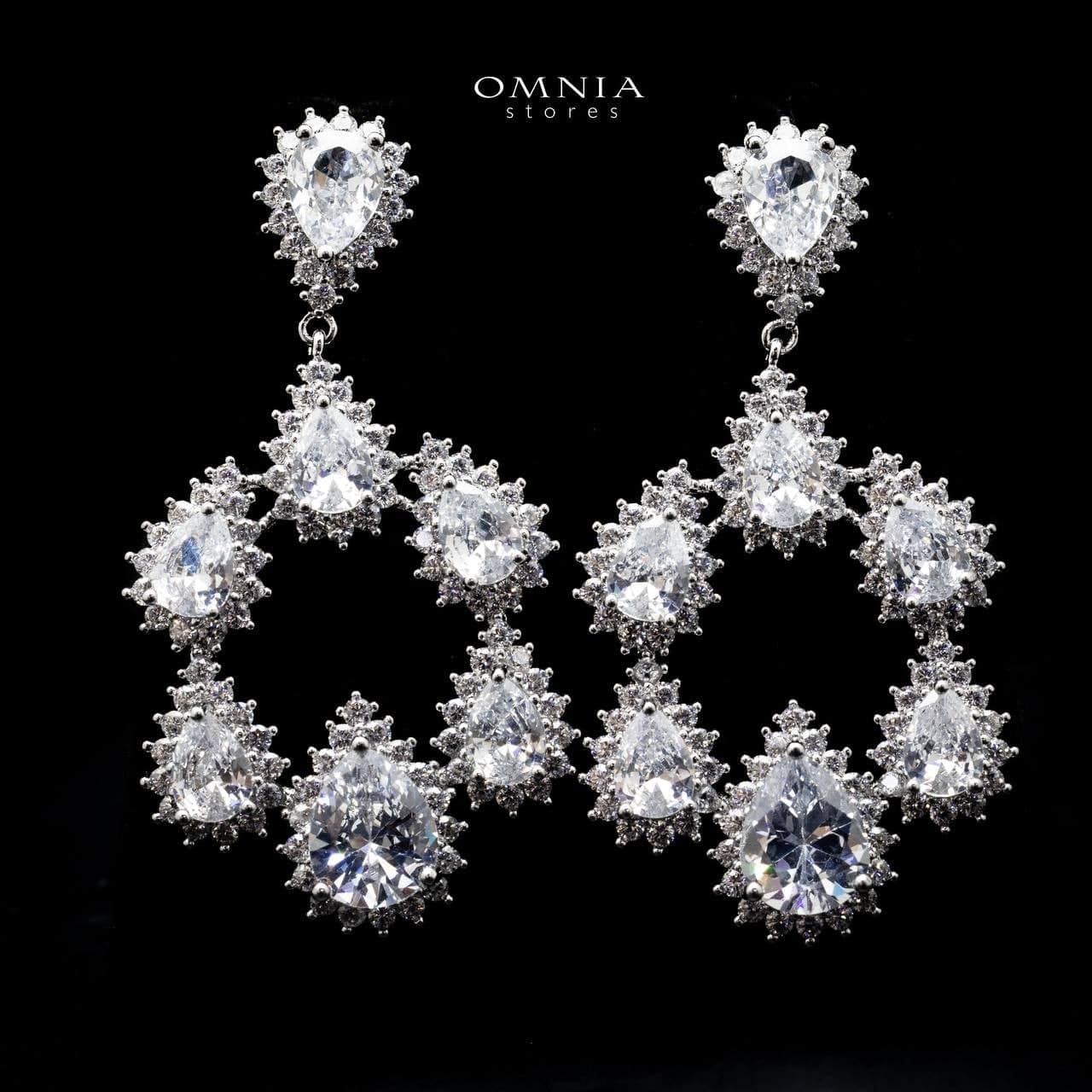 Omnia Hamem Teardrop Chandelier Earrings with White Zircon in High Quality Rhodium Plated - OMNIASTORES UAE
