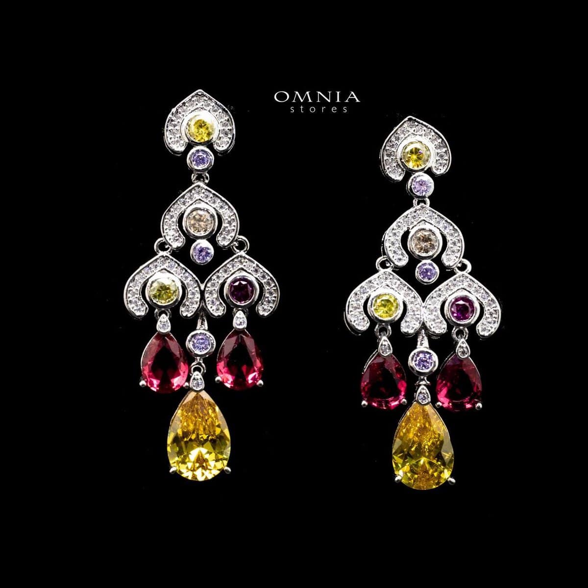 Omnia Zuwaina Radiance Chandelier Earrings with Yellow and Red Zircon Stone in High Quality Rhodium Plated - OMNIASTORES UAE