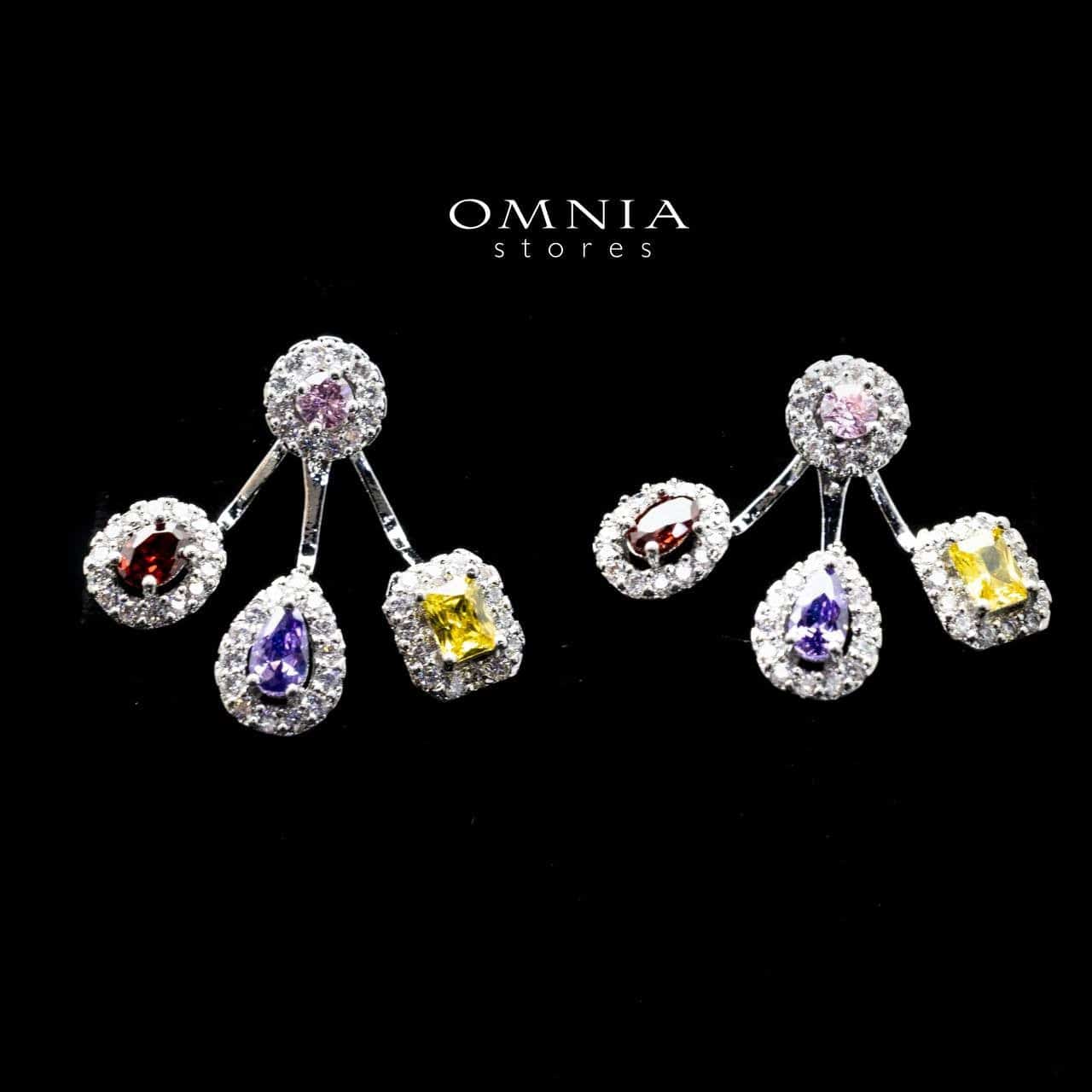 Omnia Naif Multi-Drop Stud Earrings with Multicolor Zircon Stone in High Quality Rhodium Plated - OMNIASTORES UAE