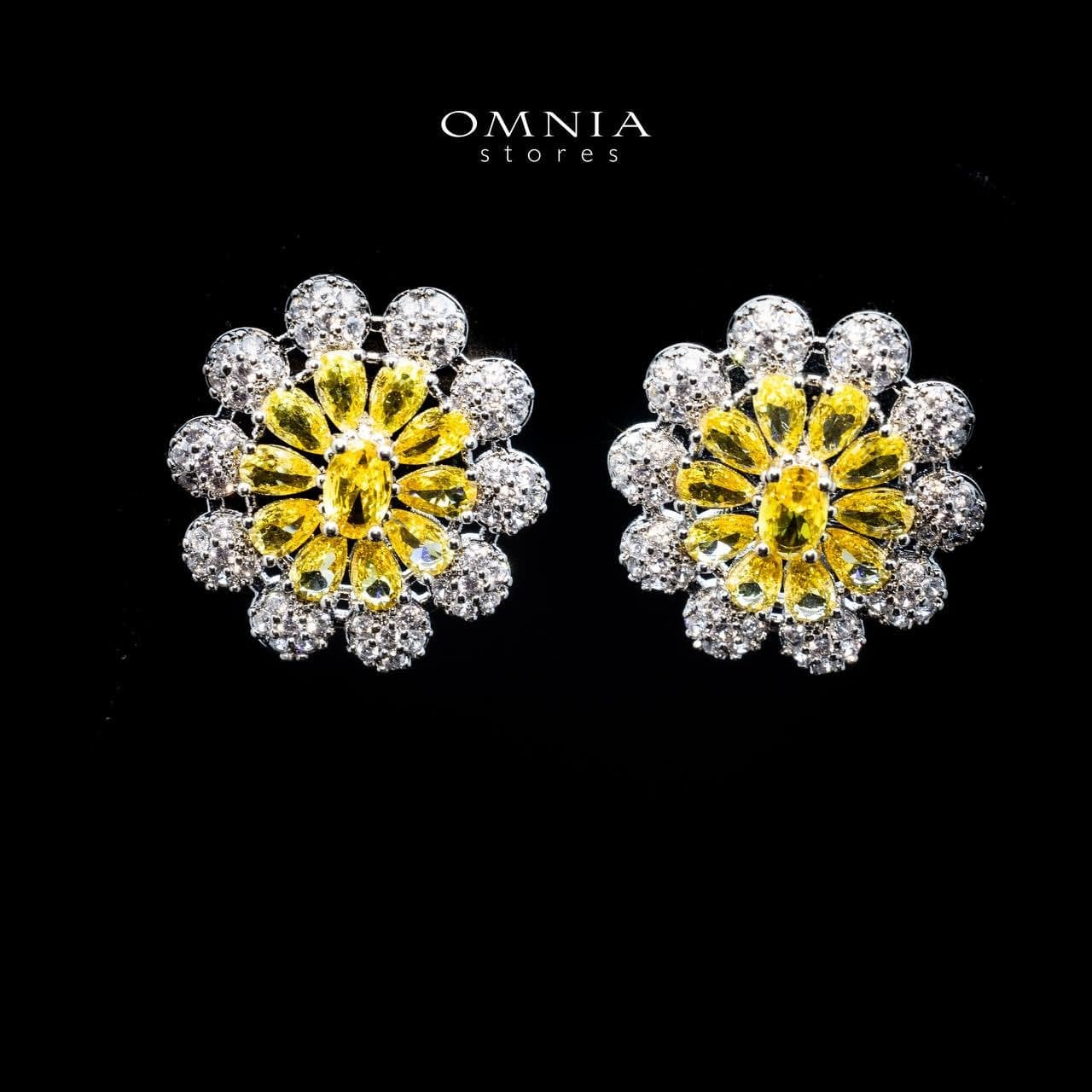 Omnia Randa Blossom Stud Earrings with Yellow and White Zircon Stone in High Quality Rhodium Plated - OMNIASTORES UAE