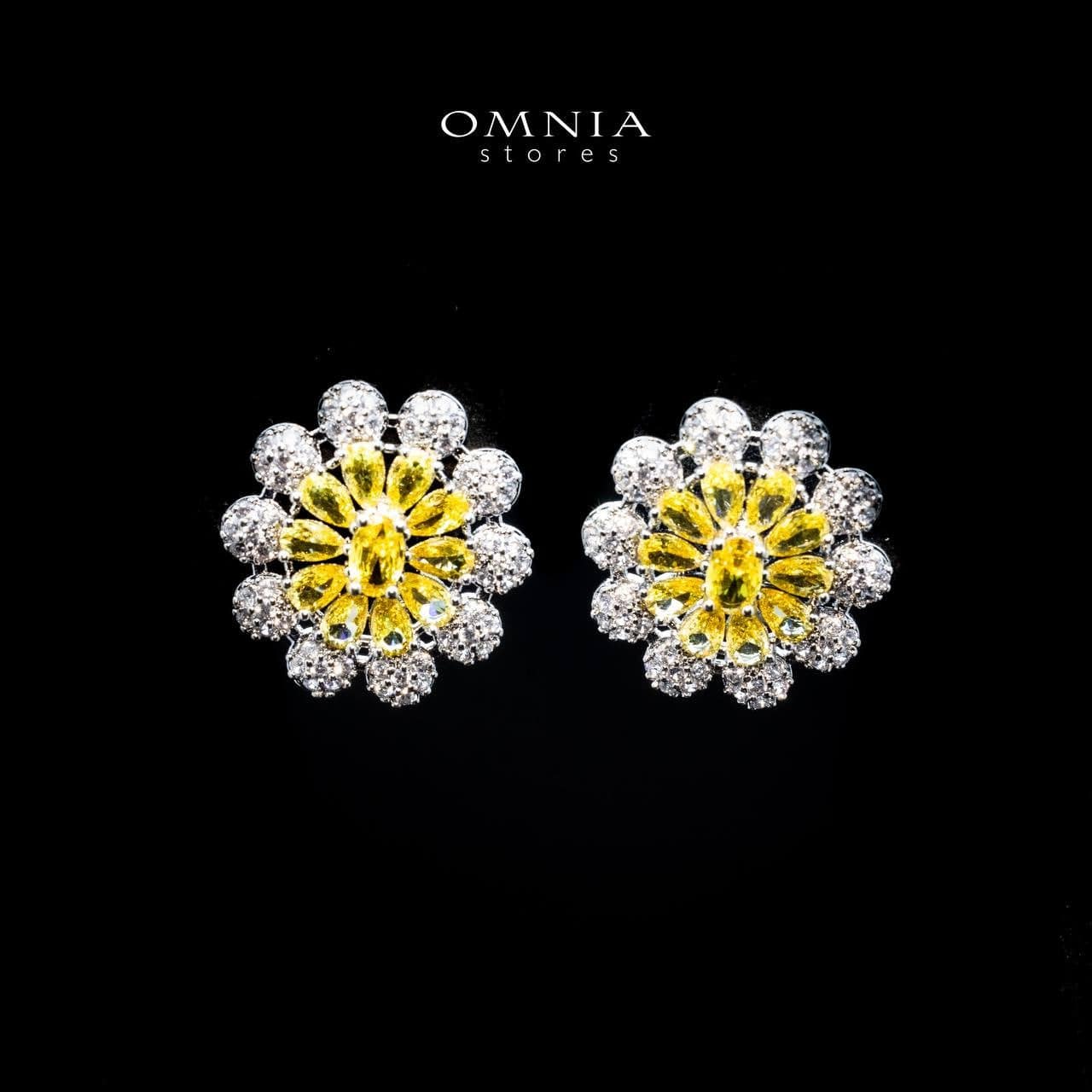 Omnia Randa Blossom Stud Earrings with Yellow and White Zircon Stone in High Quality Rhodium Plated - OMNIASTORES UAE