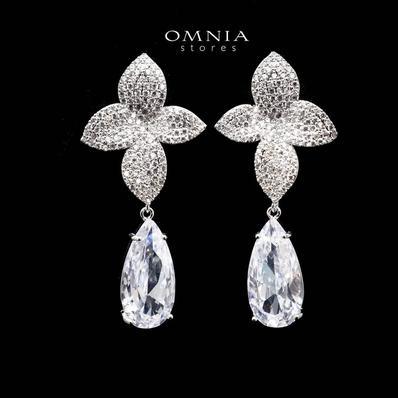 Omnia Ameera Floral Drop Earrings with White Zircon Stone in High Quality Rhodium Plated - OMNIASTORES UAE