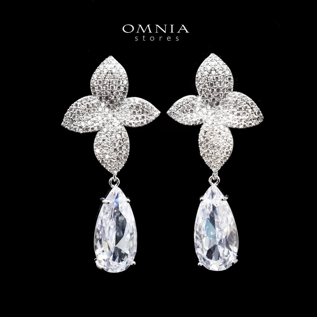 Omnia Ameera Floral Drop Earrings with White Zircon Stone in High Quality Rhodium Plated - OMNIASTORES UAE