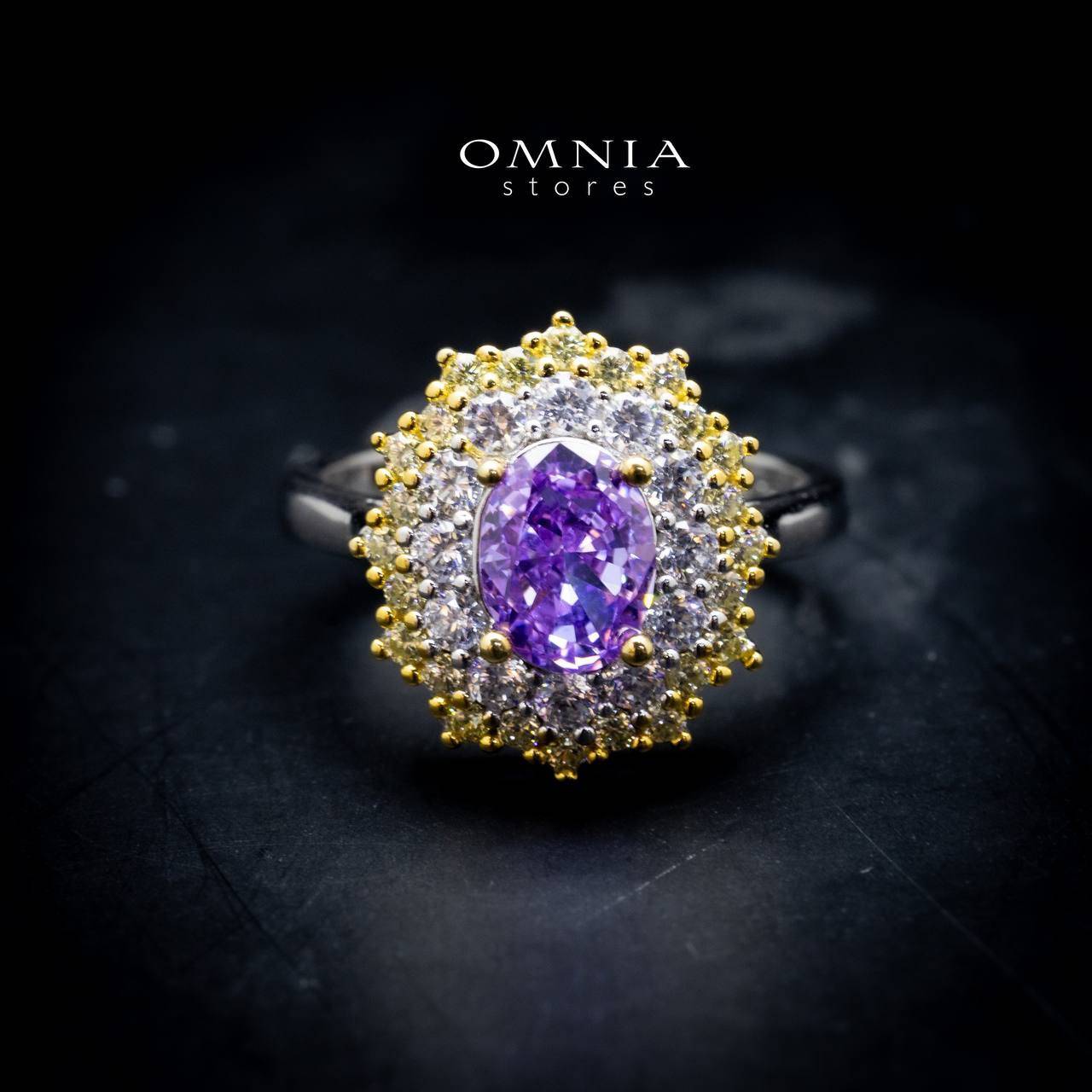 Omnia Faryal Oval Purple Stone Ring in 92.5 Silver with High Quality Simulated Diamonds - OMNIASTORES UAE