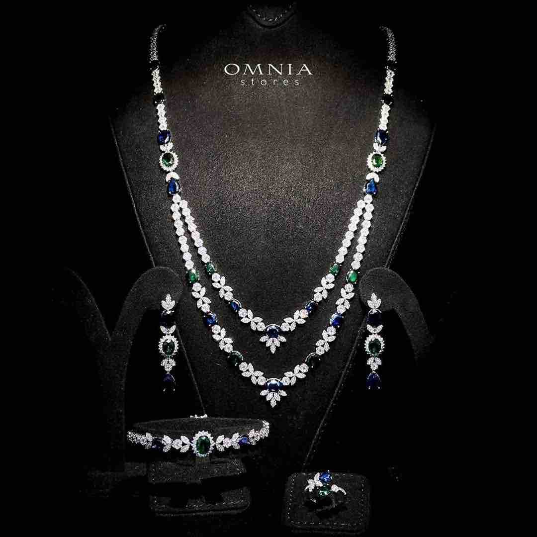 Omnia Jade Blue and Green Bridal Long Chain Set Accessories in High Quality Zircon Stone Rhodium Plated