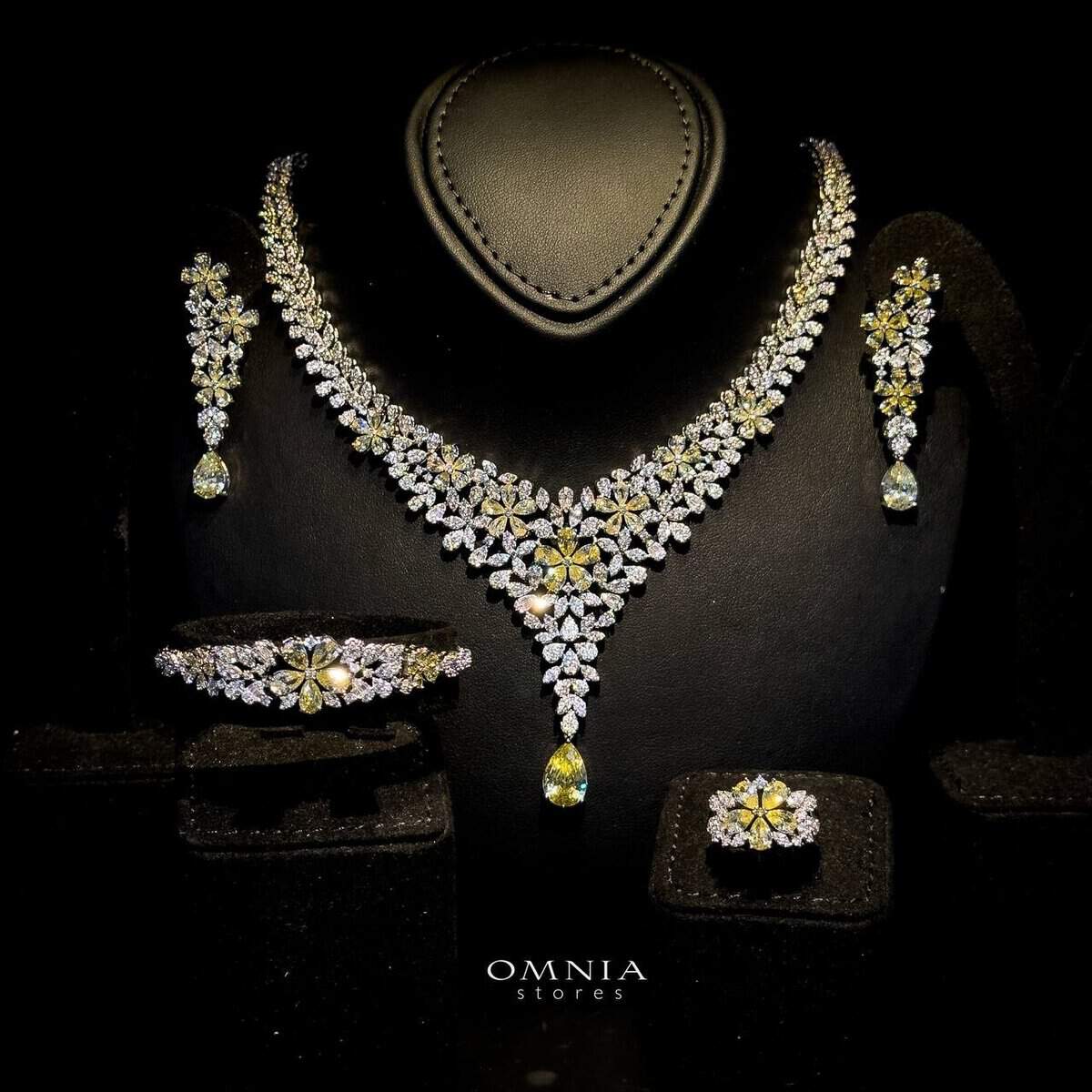 Omnia Azhar Yellow Bridal Full Set in High Quality Zircon Stone Rhodium Plated - OMNIASTORES UAE