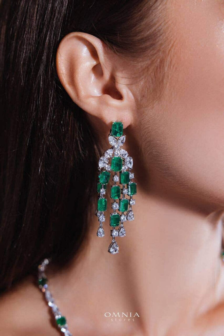Omnia Israa Green Chandelier Earrings In 92.5 Silver High Quality Simulated diamonds - OMNIASTORES UAE