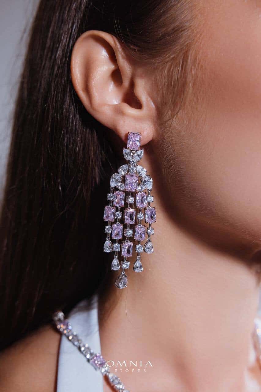 Omnia Israa Pink Chandelier Earrings In 92.5 Silver High Quality Simulated diamonds - OMNIASTORES UAE