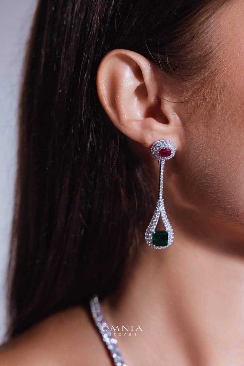 Omnia Sabah Oval and Emerald Cut Long Drop Earrings in 92.5 Silver with High Quality Simulated Diamonds - OMNIASTORES UAE