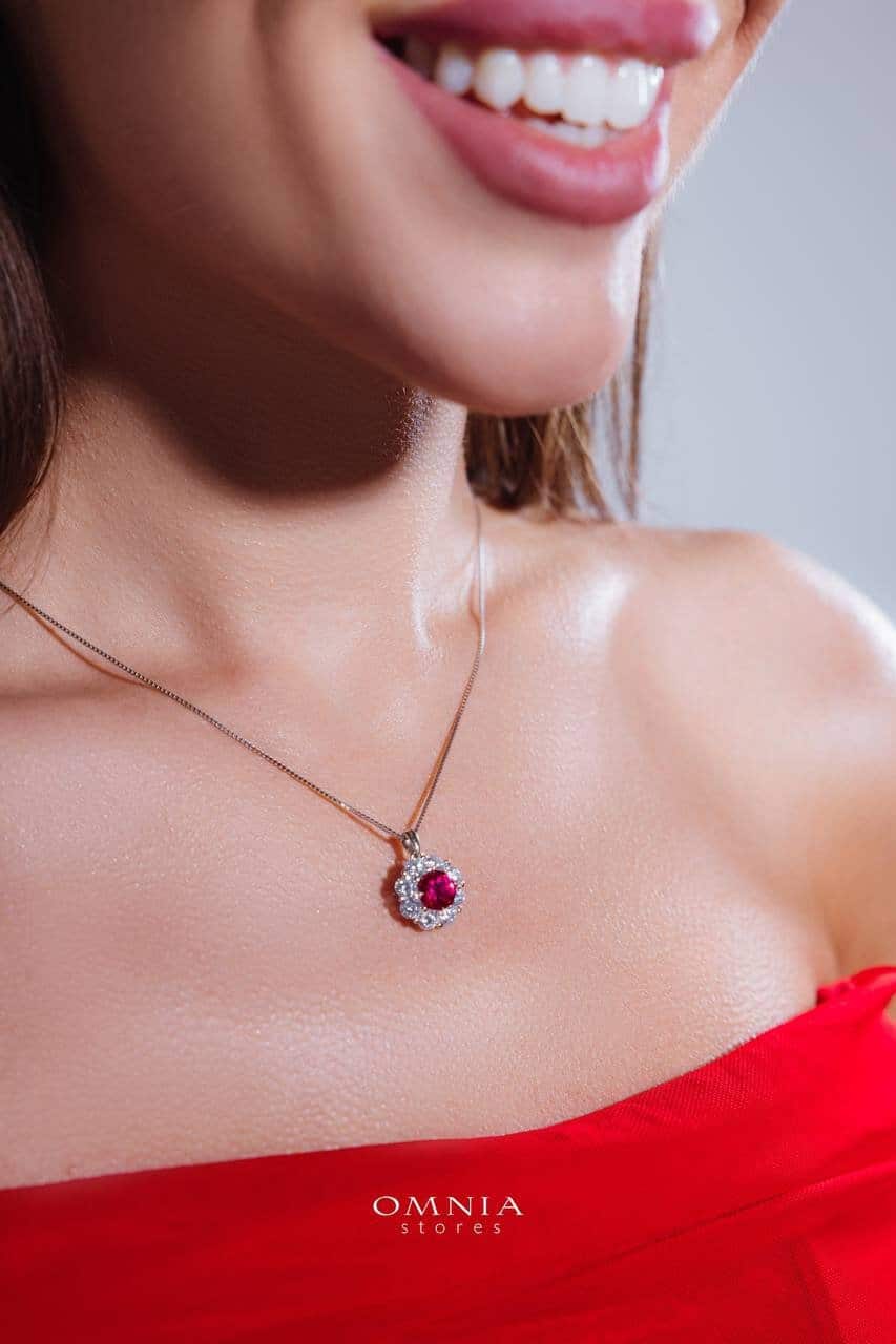 Omnia Mashael Red Pendant Necklace in 92.5 Silver with High Quality Simulated Diamonds - OMNIASTORES UAE