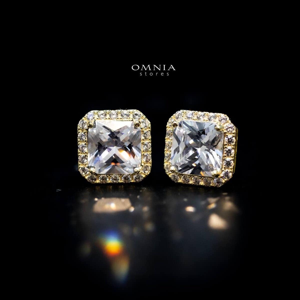 Omnia Ashley Golden Square Stud Earrings in 92.5 Silver with High Quality Iced Cut Stones - OMNIASTORES UAE
