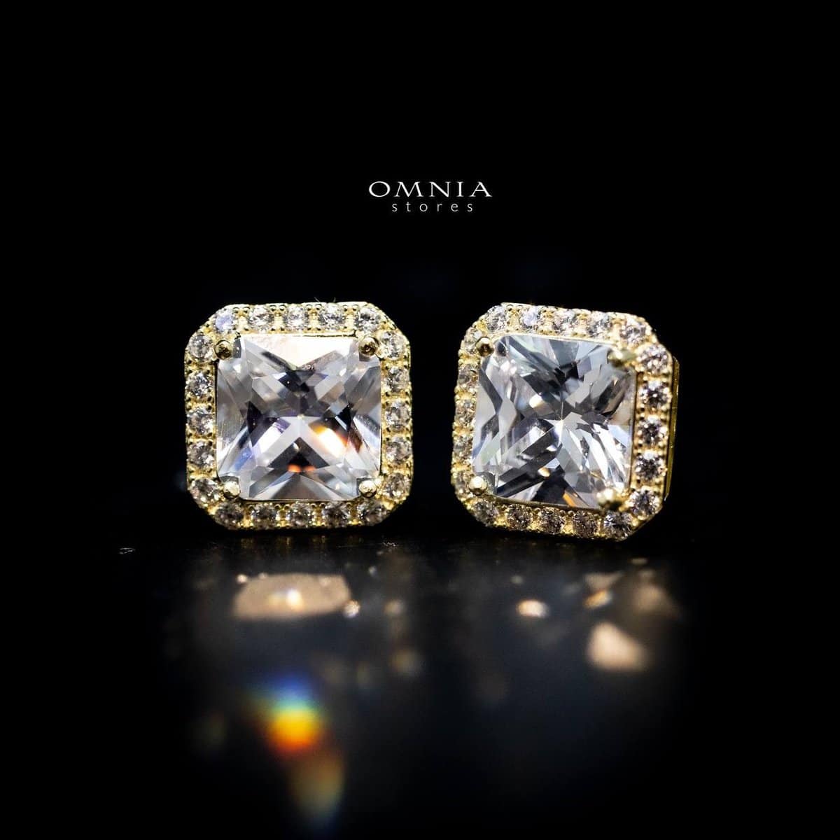 Omnia Ashley Golden Square Stud Earrings in 92.5 Silver with High Quality Iced Cut Stones - OMNIASTORES UAE