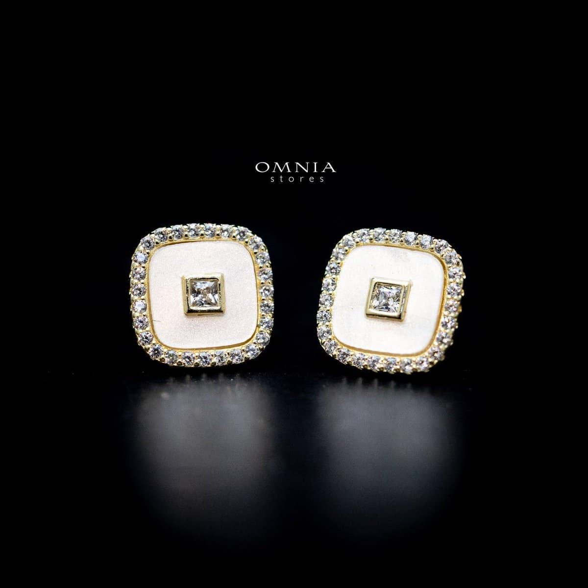 Omnia Camilla Golden Square Stud Earrings in 925 Silver with High Quality Iced Cut Stones - OMNIASTORES UAE