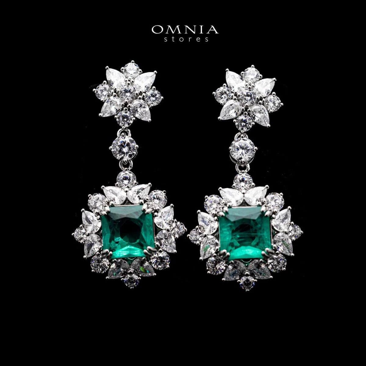 Omnia Rania Turquoise Statement Drop Earrings In 92.5 Silver with High Quality Simulated Diamonds - OMNIASTORES UAE