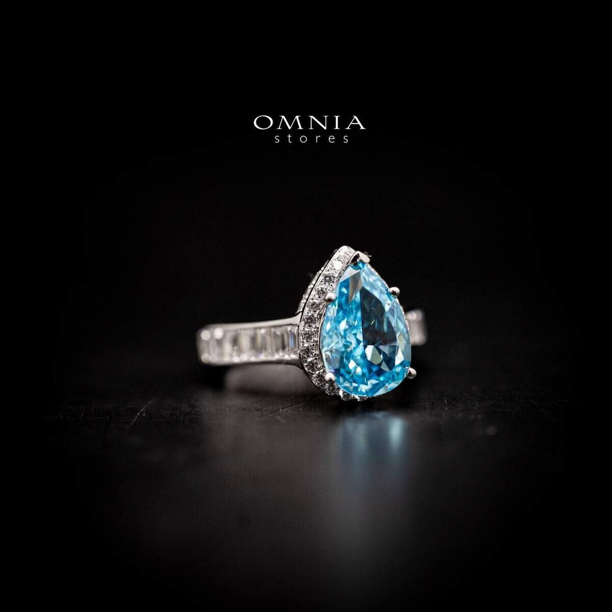 Omnia Layal Pear Shaped Sky Blue Ring in 92.5 Silver with High Quality Simulated Diamonds - OMNIASTORES UAE