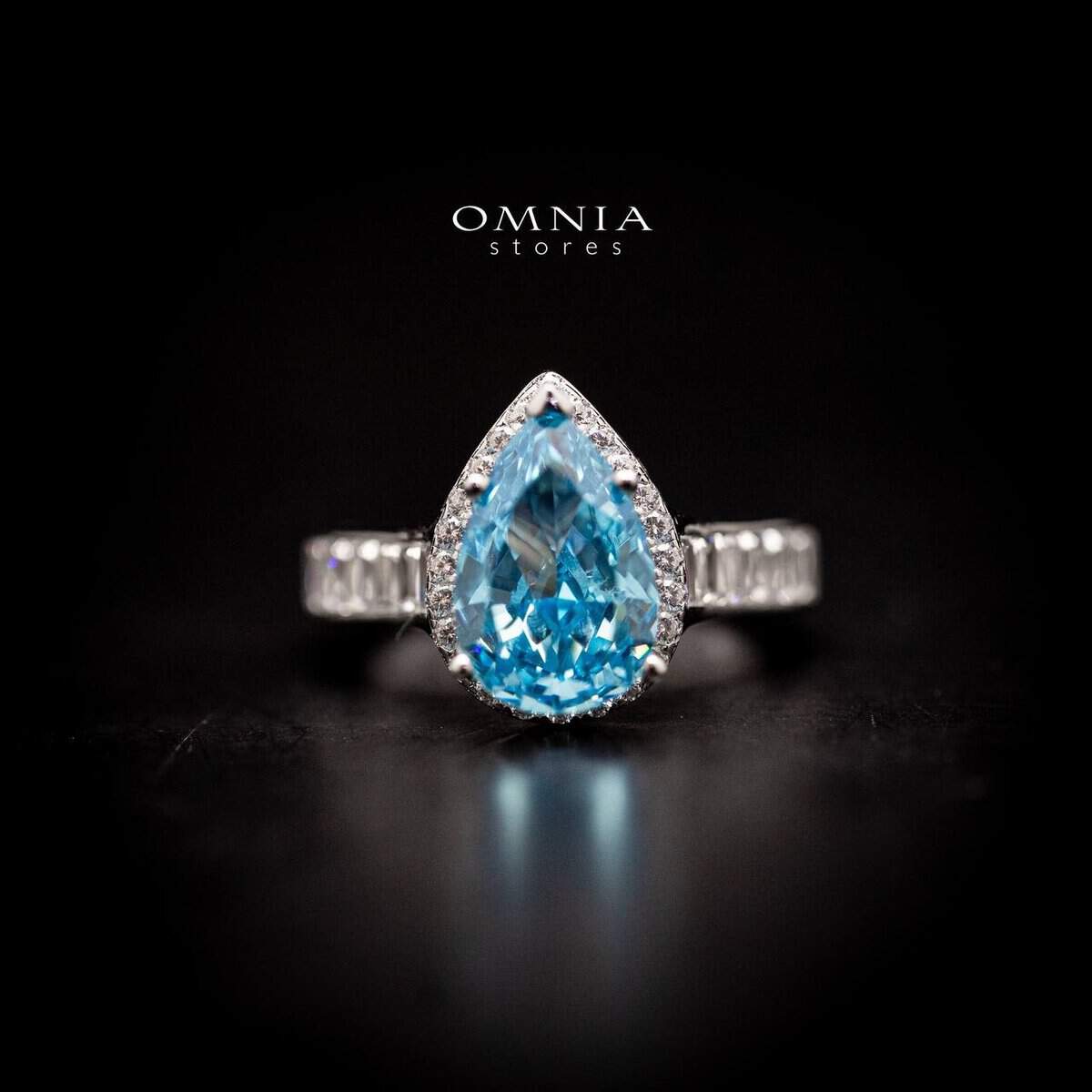 Omnia Layal Pear Shaped Sky Blue Ring in 92.5 Silver with High Quality Simulated Diamonds - OMNIASTORES UAE