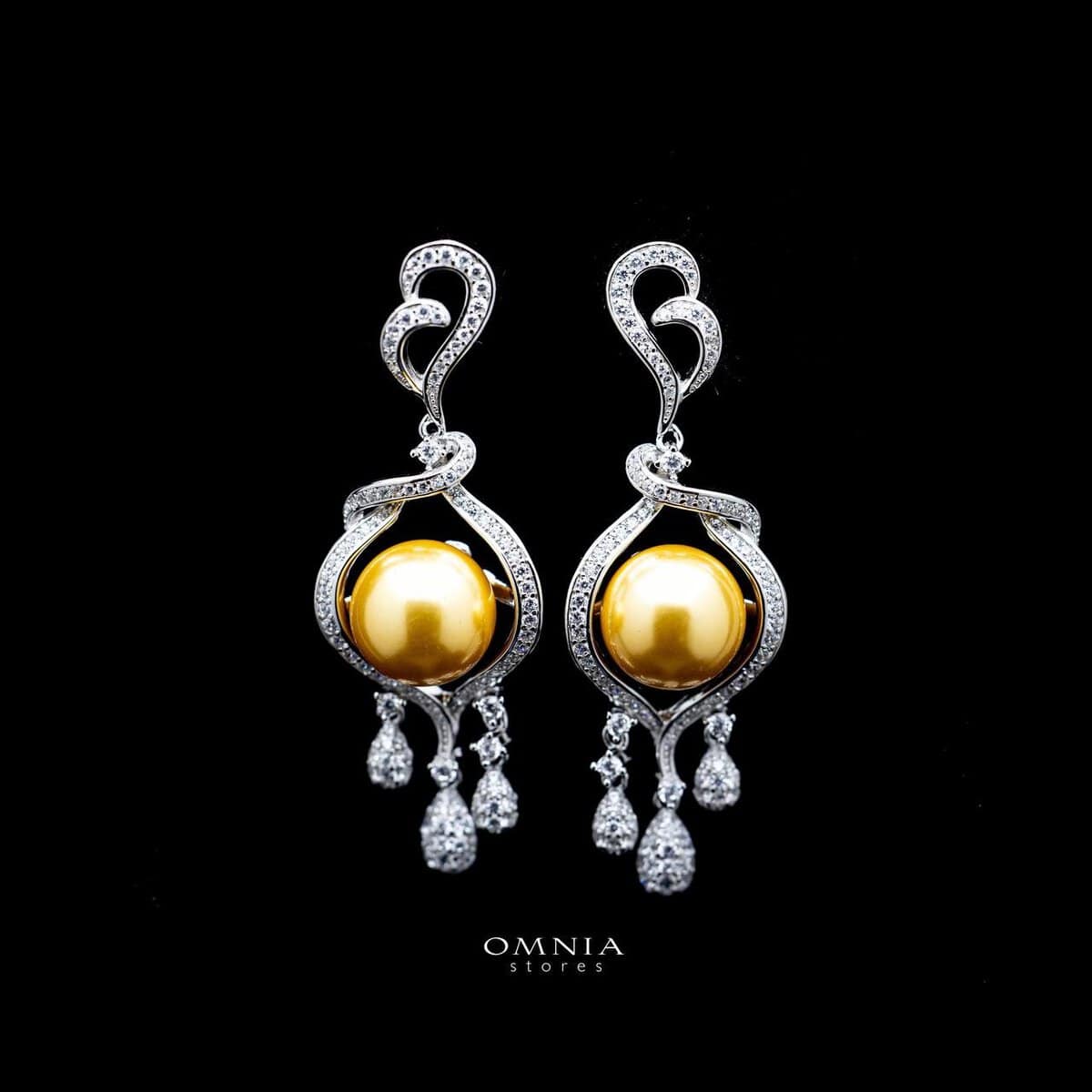 Omnia Amara Yellow Pearl Drop Earrings in 92.5 Silver with High Quality Simulated Diamonds - OMNIASTORES UAE