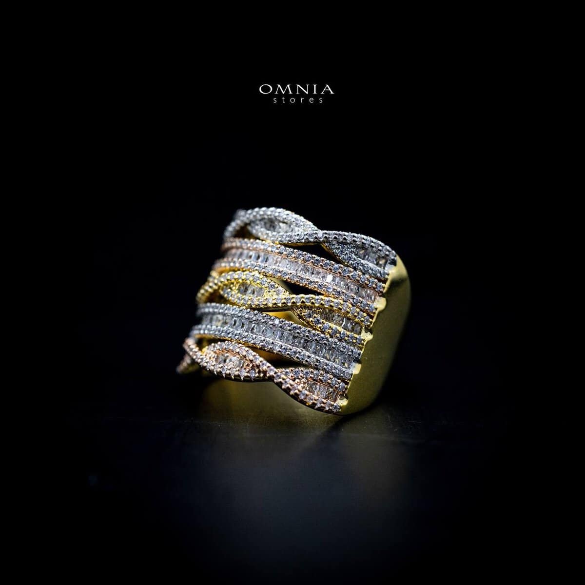 Omnia Lina Tri-Color Wave Ring Accessories in High Quality Copper Rhodium Plated - OMNIASTORES UAE
