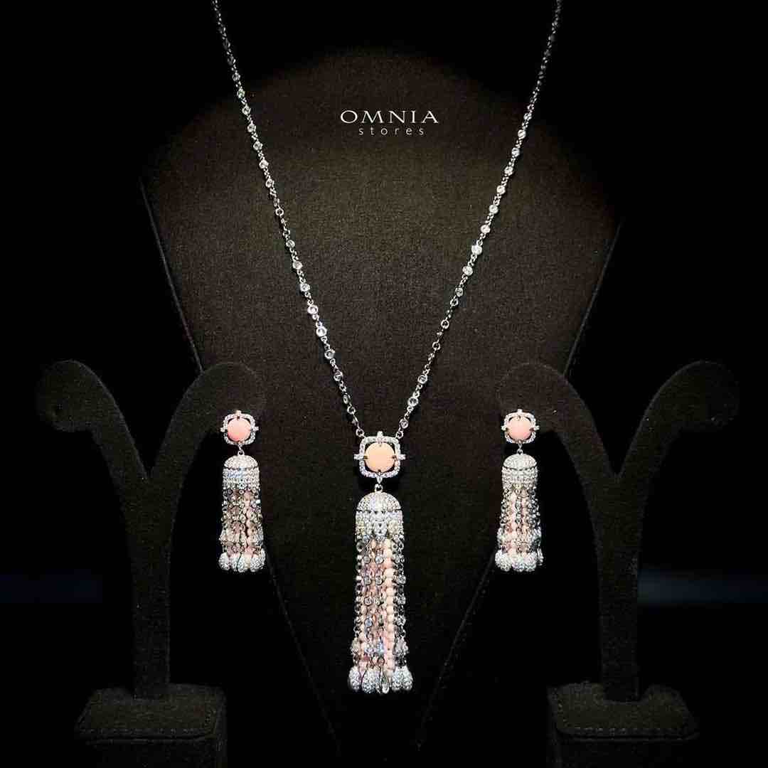Omnia Yasmin Pink Long Chain Tassel Necklace &amp; Earrings in 92.5 Silver with High Quality Simulated Diamonds