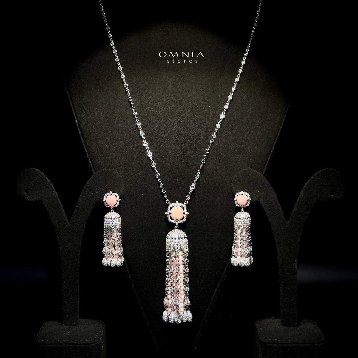 Omnia Yasmin Pink Long Chain Tassel Necklace & Earrings in 92.5 Silver with High Quality Simulated Diamonds - OMNIASTORES UAE