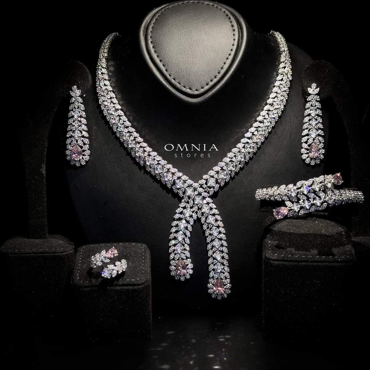Omnia Yara Bridal Pink and White Full Set in High Quality Zircon Stone Rhodium Plated - OMNIASTORES UAE