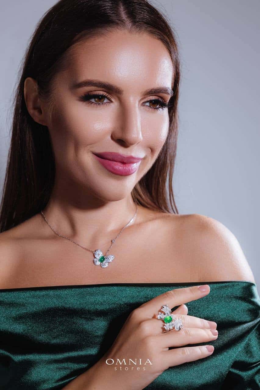 Omnia Layan Butterfly Pendant Necklace with Emerald Stone in 92.5 Silver High Quality Simulated Diamonds - OMNIASTORES UAE
