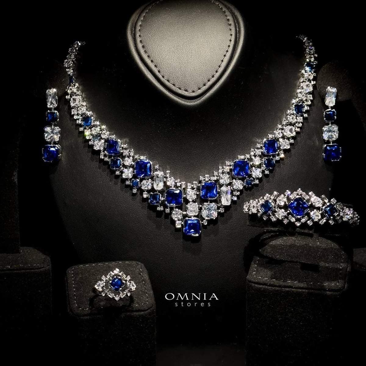 Omnia Catherine Blue Bridal Full Set in High Quality Zircon Stone Rhodium Plated - OMNIASTORES UAE