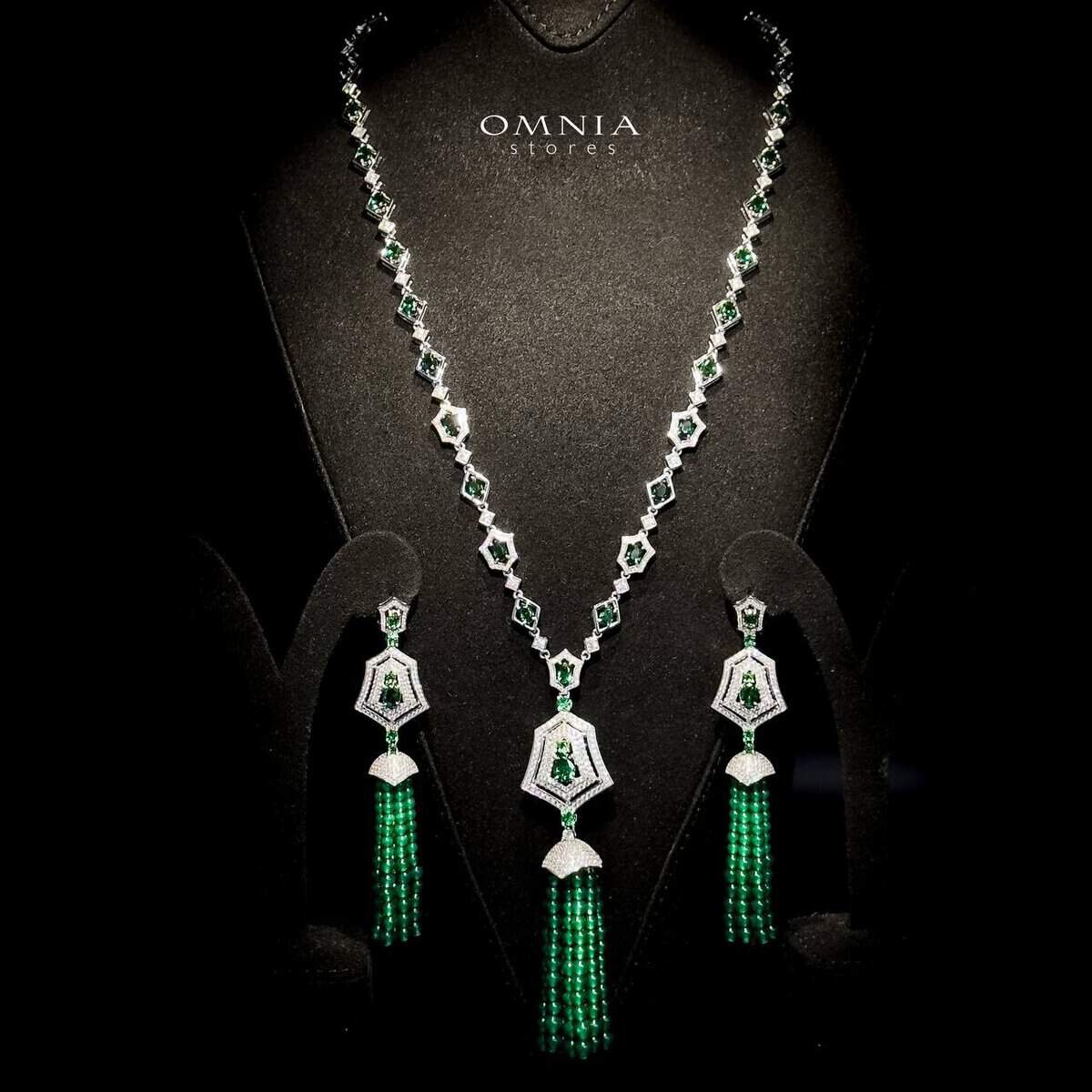 Omnia Najma Green Set in 92.5 Silver with High Quality Simulated Diamonds and Green Tassel Accents - OMNIASTORES UAE