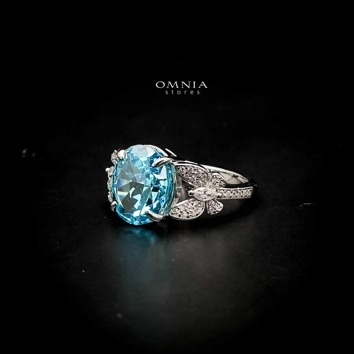 Omnia Maysun Baby Blue Oval Ring in 92.5 Silver with High Quality Simulated Diamonds - OMNIASTORES UAE