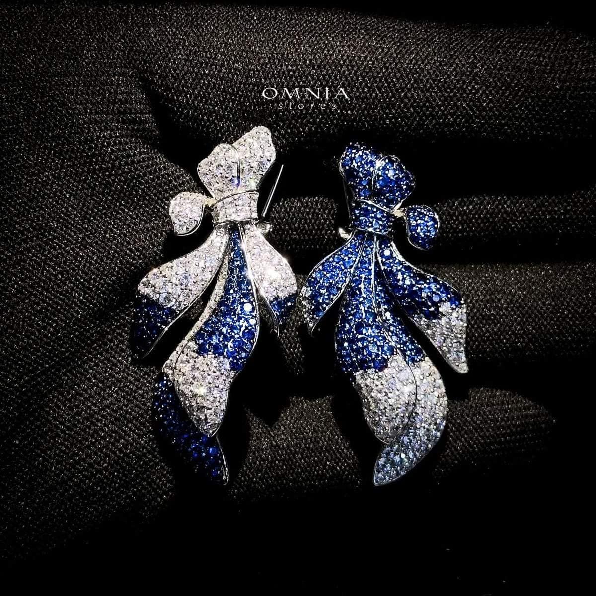 Omnia Leaf Bow Earrings in Blue and White 92.5 Silver with High Quality Simulated Diamonds - OMNIASTORES UAE