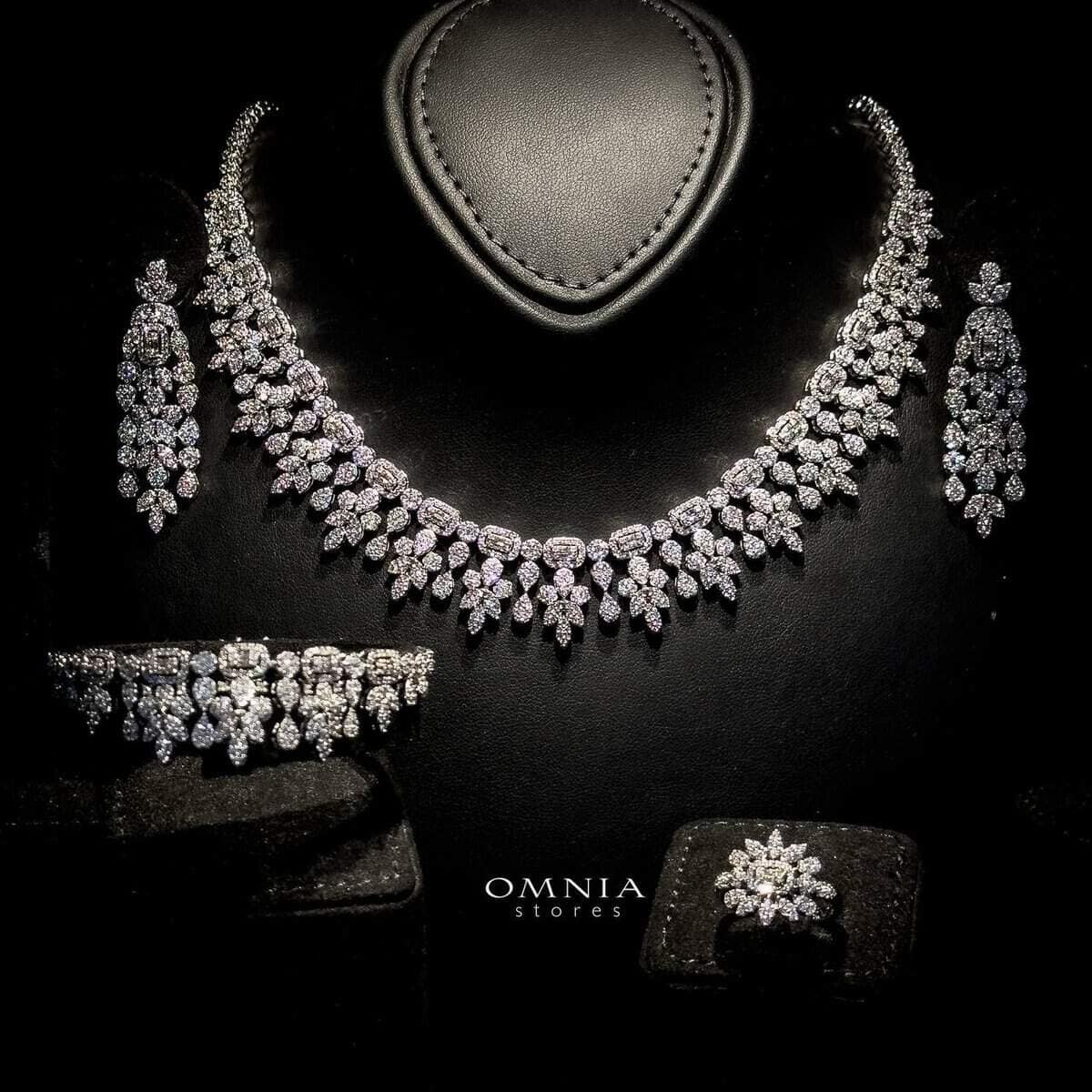 Omnia Sara White Luxury Bridal Full Set with Leaf Cut Stones in High Quality Zircon Stone in Rhodium Plated
