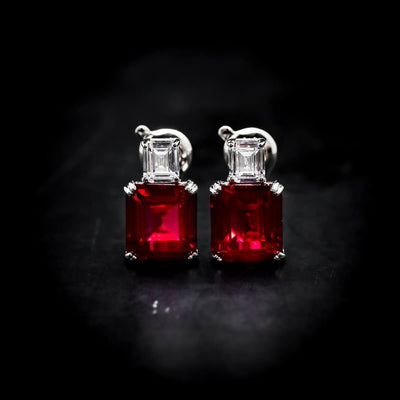 Omnia Candice Red Emerald Cut Clip-On Earrings in 92.5 Silver with High Quality Simulated Diamonds