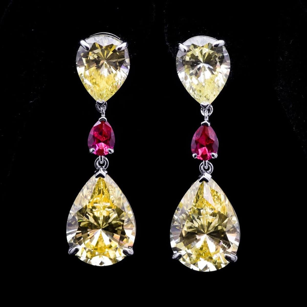 Omnia Alina Yellow and Red Teardrop Earrings in 92.5 Silver with High Quality Simulated Diamonds - OMNIASTORES UAE